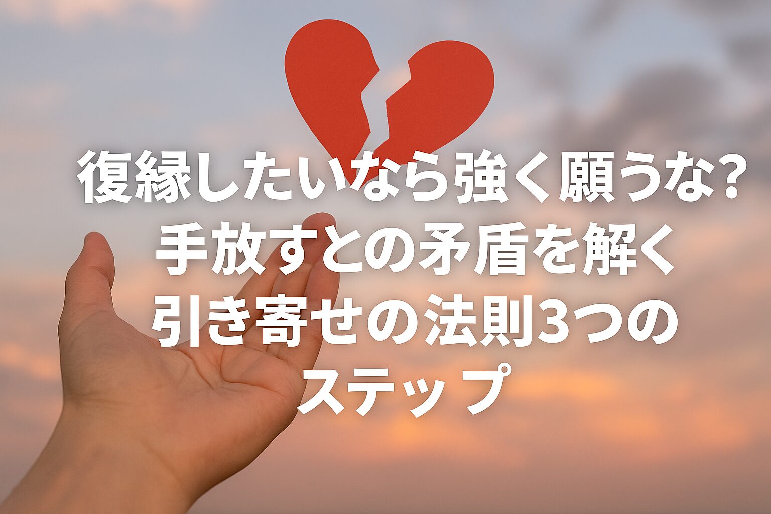割れた赤いハートと、それを見上げるように差し出された手のひら。画像には「復縁したいなら強く願うな？手放すとの矛盾を解く引き寄せの法則3つのステップ」という記事タイトルが白い文字で重ねられています。