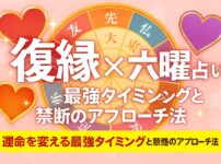 復縁と六曜占いをテーマにしたアイキャッチ画像。六曜の円盤とハートの装飾が配置され、復縁の最強タイミングや禁断アプローチ法を伝えるデザイン。