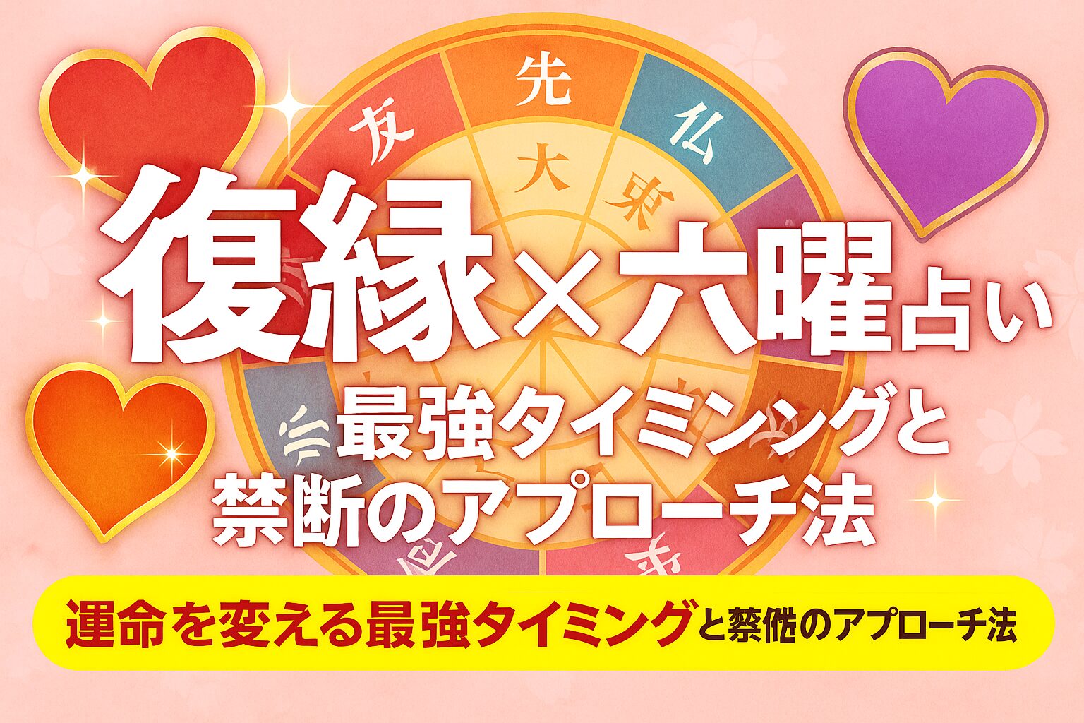 復縁と六曜占いをテーマにしたアイキャッチ画像。六曜の円盤とハートの装飾が配置され、復縁の最強タイミングや禁断アプローチ法を伝えるデザイン。